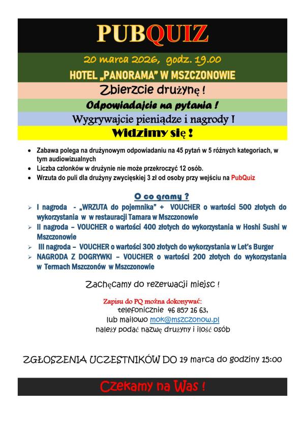 W piątek 20 marca o godzinie 19.00 PubQuiz, zapraszamy do zapisywania drużyn!